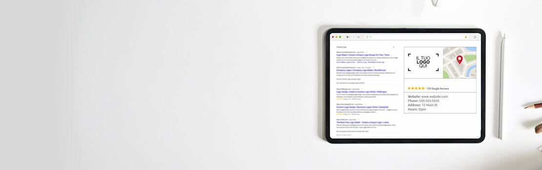 Tablet con un annuncio aziendale online e stelle di recensione su una ricerca Google