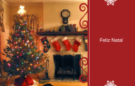 Holiday Card with a christmas tree and fireplace with stockings