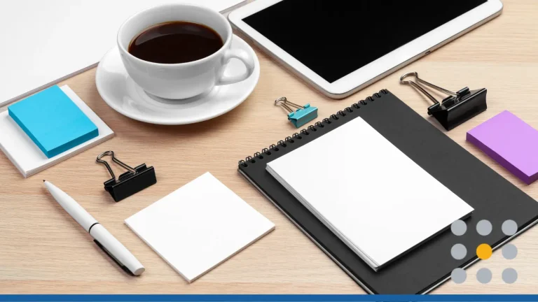 Custom office supplies laid out on a desk