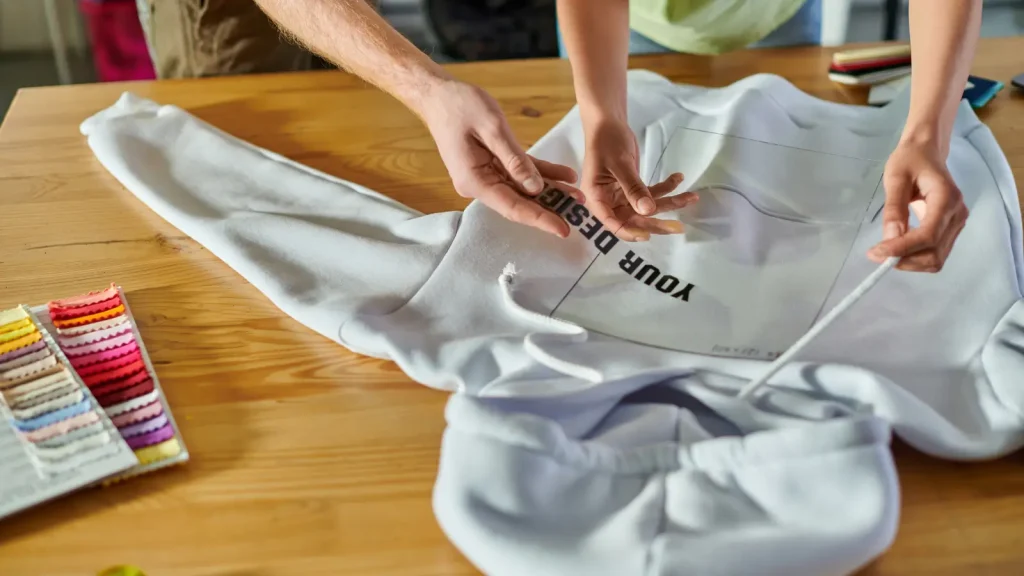 People putting a design on a hoodie