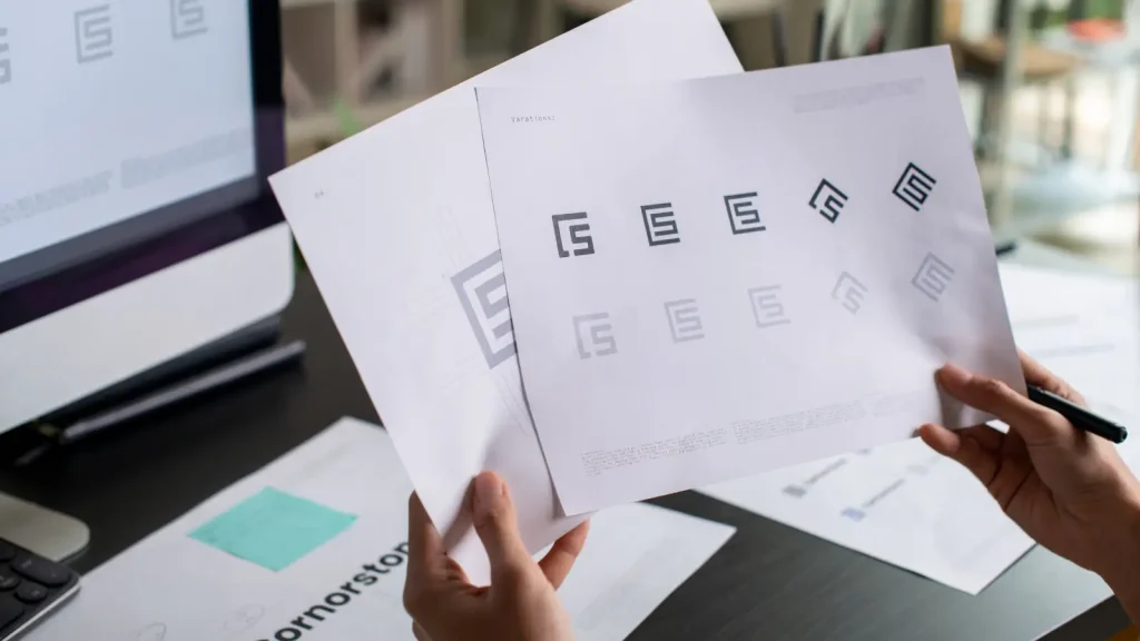 Designer drawing sketches with different standard logo sizes