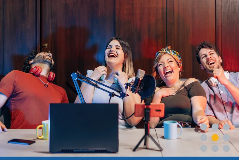 Group of podcasters laughing together