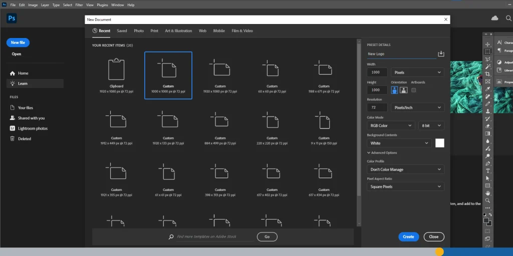 Photoshop canvas selection screen