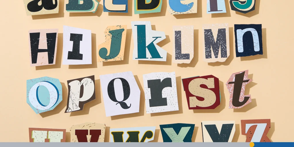 Alphabet from three-dimensional letters, top view