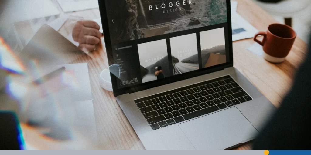 Freelance blogger working on laptop screen mockup