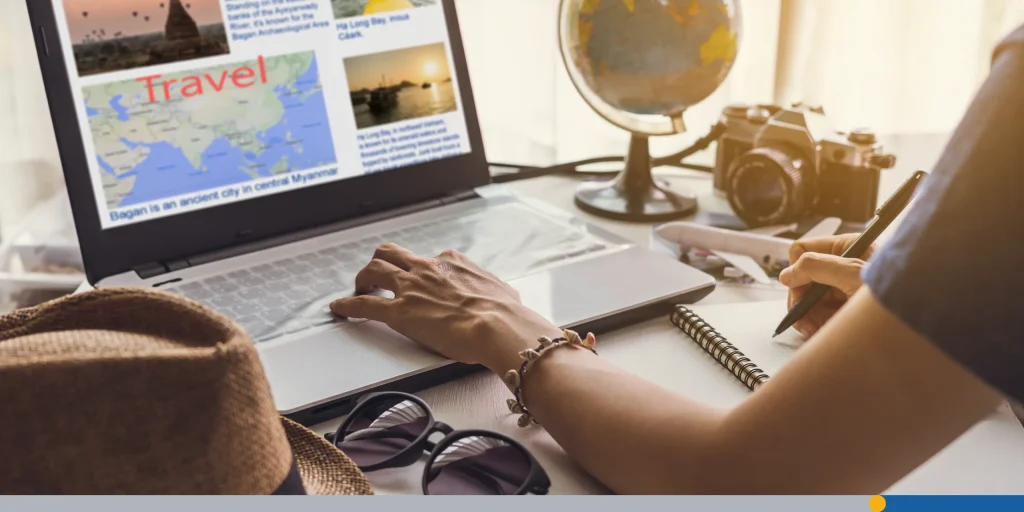 Young women planning vacation trip and searching for information