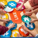 Hands of several friendly millennials choosing paper speech bubbles with icons