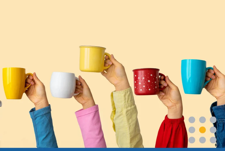 Many different hands holding multi colored cups of coffee on a pastel background