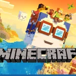 Latest version of the Minecraft logo with a character's riding a creature on a colorful background