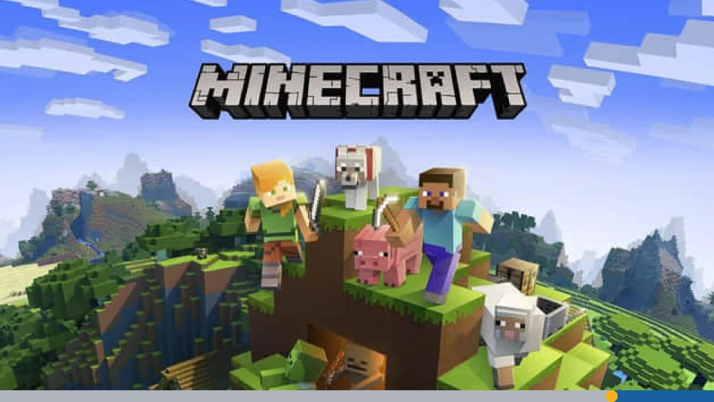 The Minecraft logo with several characters featured in the game