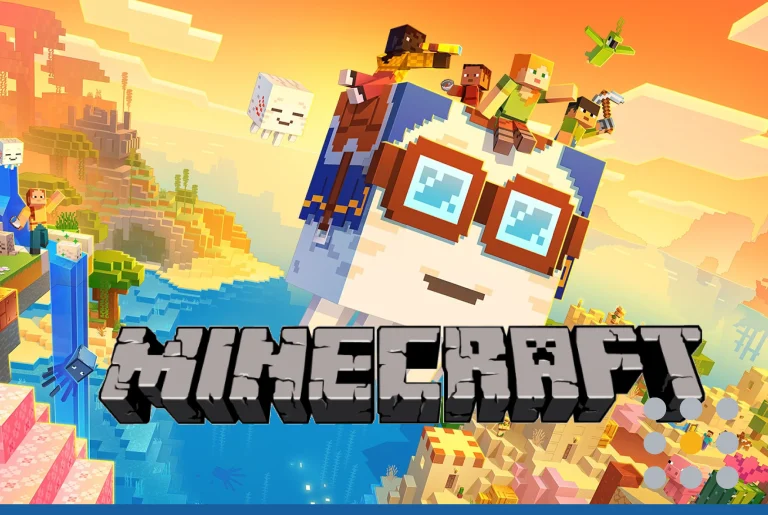 Latest version of the Minecraft logo with a character's riding a creature on a colorful background