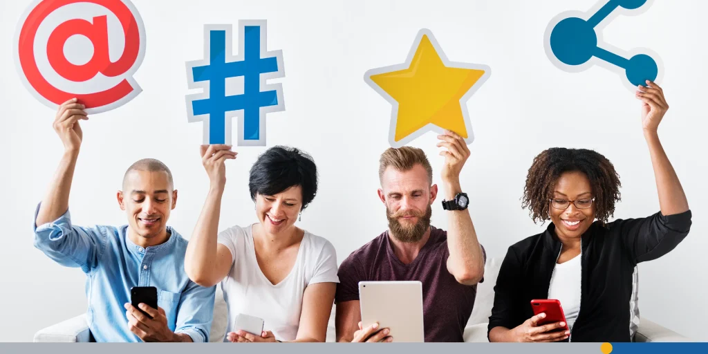 People holding an social media icon 