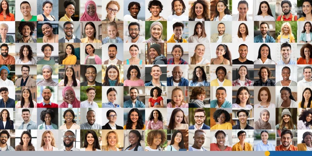 Array of diverse people portraits creative collage