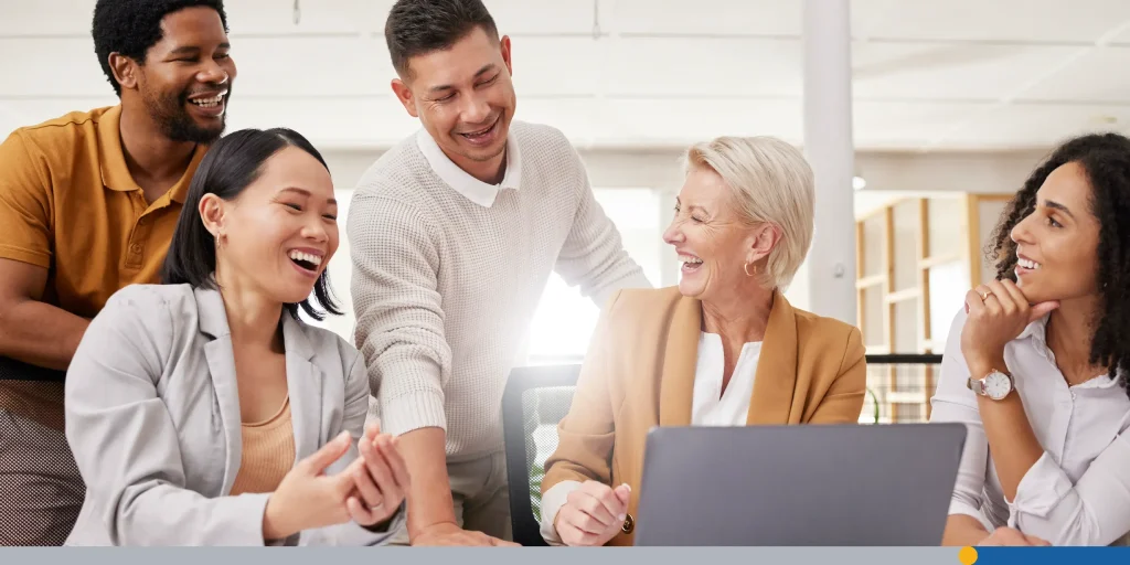 Business people, teamwork and happy on laptop for marketing meme, collaboration or funny presentati Stock Photo, ft. boss & business people - Envato