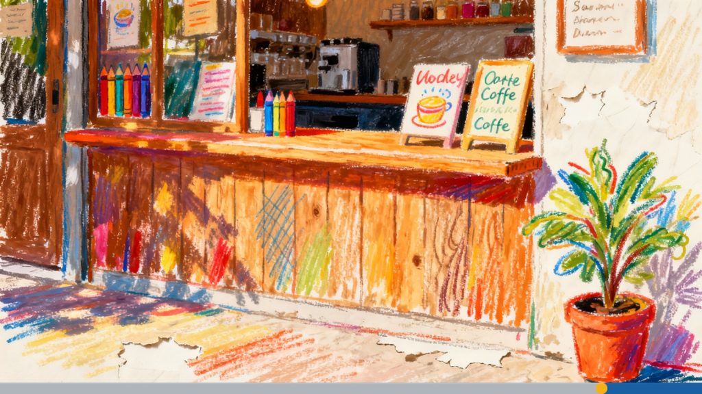 Coffee shop painted with crayons.