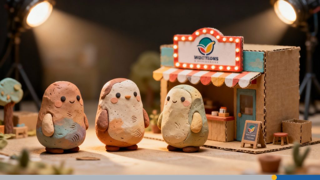 Cute creatures outside a shop miniature.