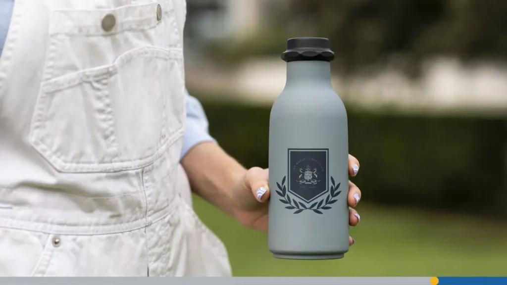Reusable water bottle with university logo.