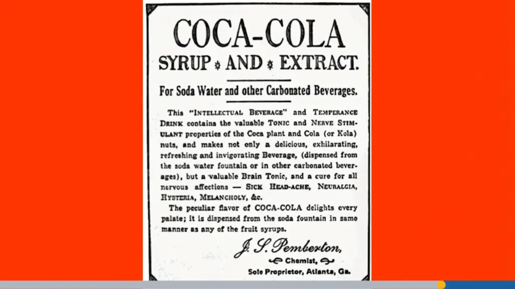 1886 black-and-white Coca‑Cola advertisement featuring the original Coca‑Cola logo and listing drink ingredients, such as syrup.