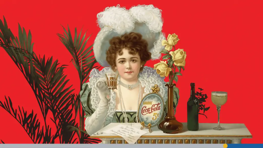 An image of an 1890s Coca‑Cola advertising poster showing a well‑dressed woman in vintage clothing. The woman is drinking Coca‑Cola at a table with a card that reads Home Office, The Coca‑Cola Co. Atlanta, Ga.