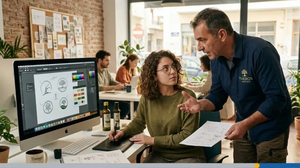 A designer working on a logo design for a small business, while the owner tells the designer.