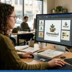 A designer working on a logo design for a small buisness, on their computer in an office