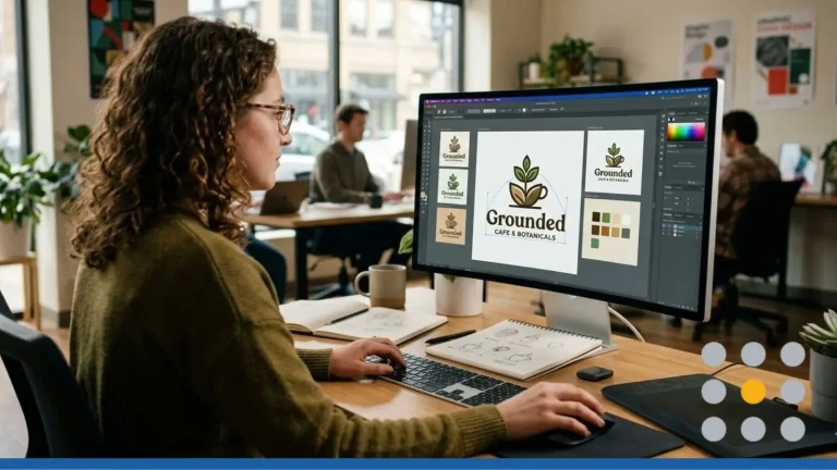 A designer working on a logo design for a small buisness, on their computer in an office