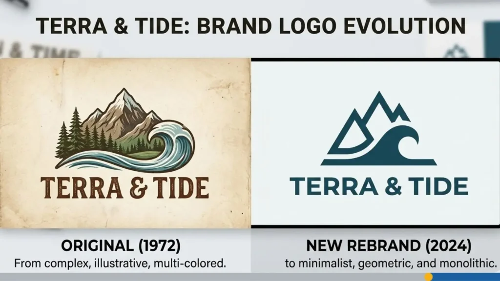 Logo evolution for the rebrand, displayed side-by-side with the original.