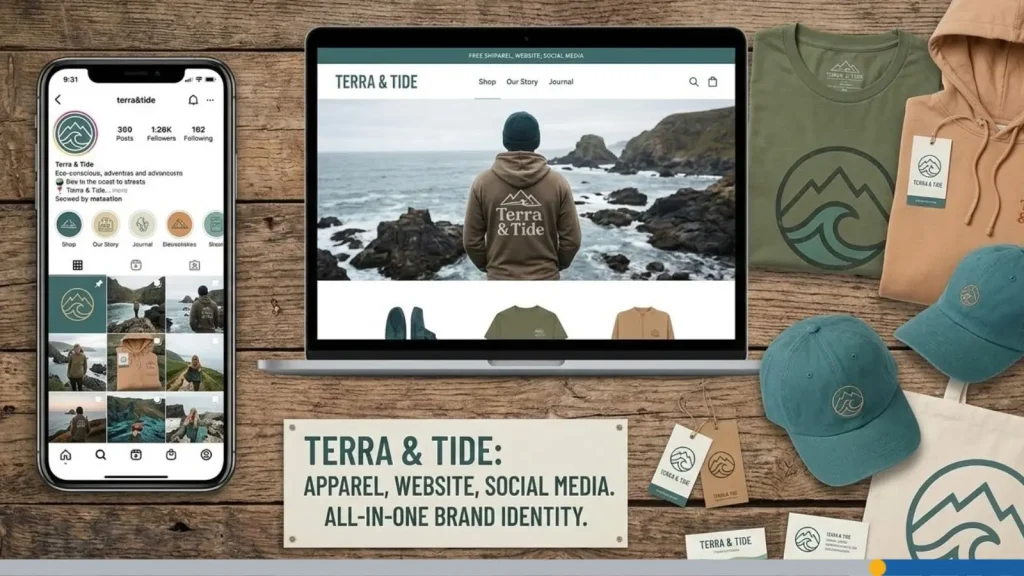 brand identity of a store on social media, apparel and website all in one picture.