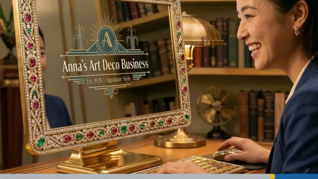 Young businesswoman designing a logo for Anna’s Art Deco Business on a jewel-encrusted computer, exploring logo color combinations for merch and applying logo color psychology for print and apparel branding.
