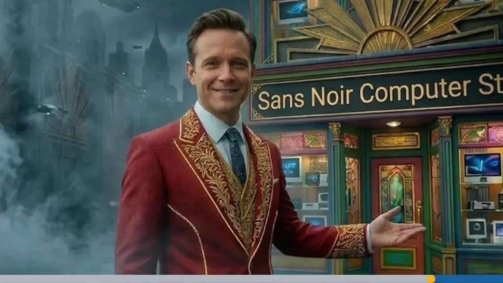 Man in a red and gold business suit welcoming a woman to a colorful computer store, highlighting creative logo color combinations for merch and the best logo colors for printing on apparel.