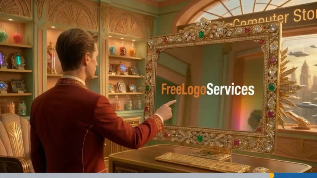 Store owner pointing at a gold-encrusted computer displaying FreeLogoServices, showcasing the best logo colors for printing and exploring logo color combinations for merch and custom branding.