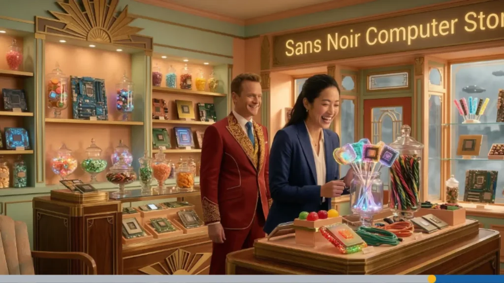 Young businesswoman exploring a colorful computer store filled with candy-like parts, discovering creative logo color combinations for merch and learning about logo color psychology for print and apparel design.