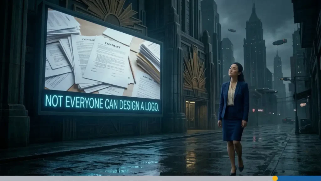 Young businesswoman walking down a futuristic street with a billboard about logo design, showcasing ideas on logo color combinations for merch and the best logo colors for printing and apparel branding.