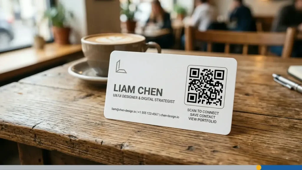 A business card with a QR code, on a wooden table.