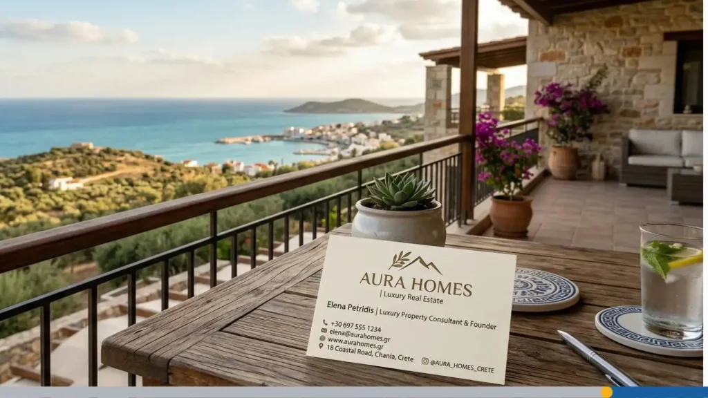 A business card from a vacation real estate home, on a wooden table.