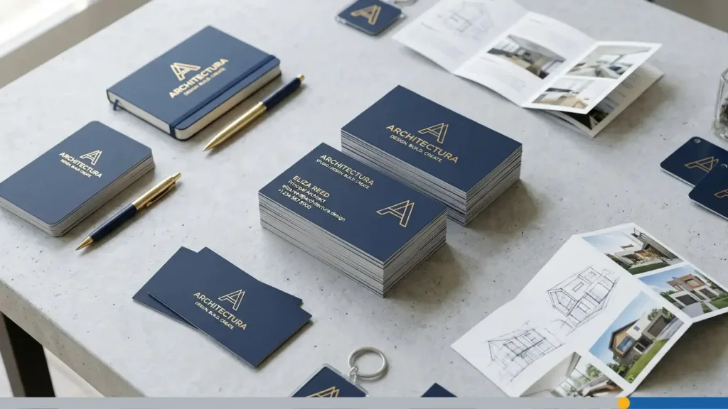 Business card piles on a marble top table, along with other promotional material spread around them.