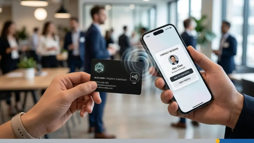 An NFC business card about to make contact with a smartphone.
