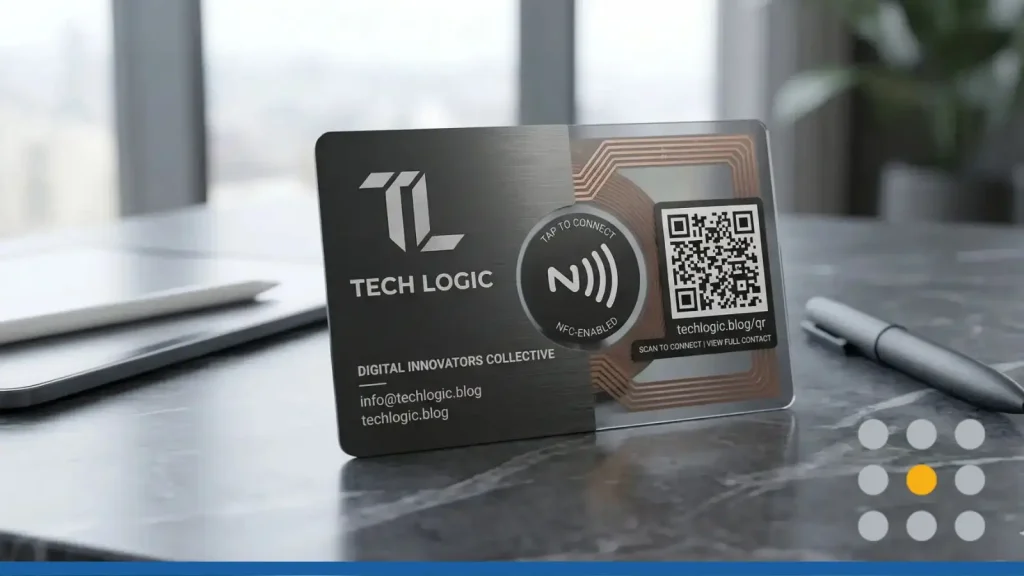 A digital NFC card in physical form, upright on a table.