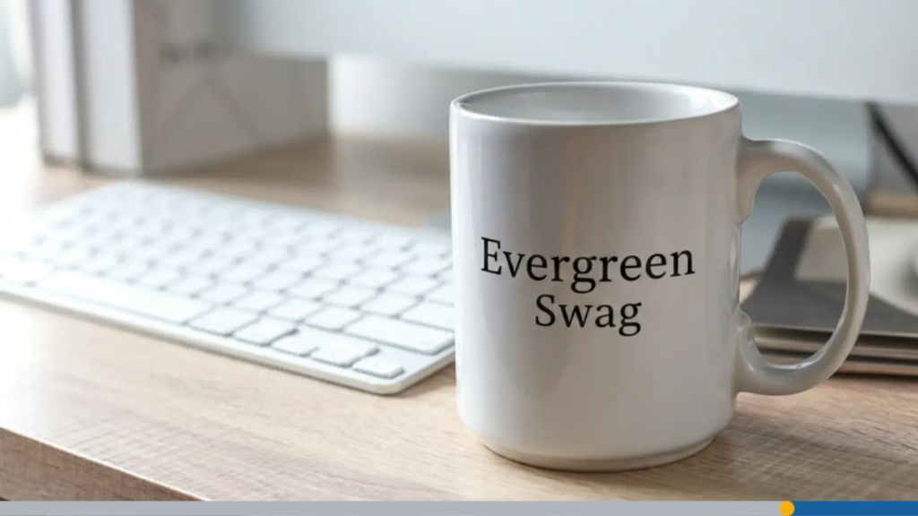 A drinking mug positioned near an office keyboard with the words evergreen swag printed on it, showcasing company swag ideas.