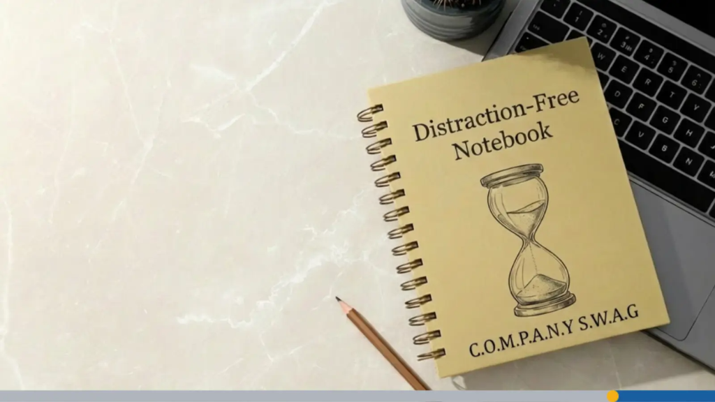 A notebook with the words distraction-free notebook printed across it and company swag on the front cover, showcasing best promotional items.