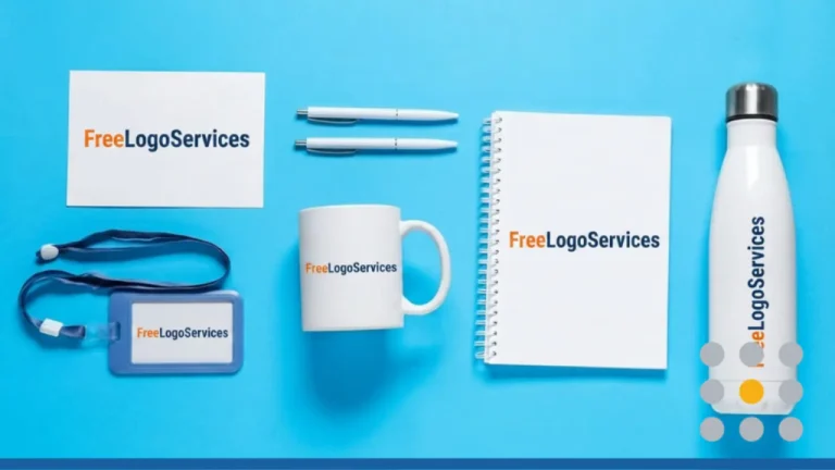 A collection of office items showcasing company swag ideas, including a mug, notebook, tumbler with lid, pens, and business cards.