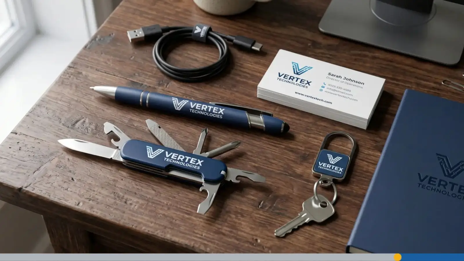 A welcome kit with a swish army knife, a pen, a USB cable and some business cards, on a wooden office table.