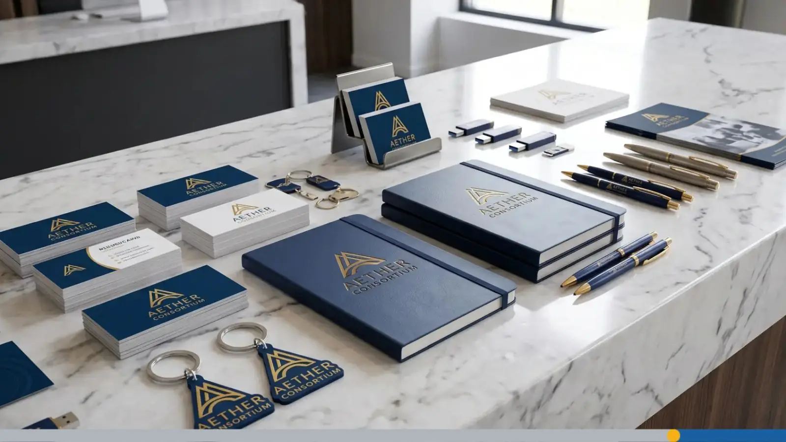 A marble tabletop with promotional items like notebooks, keychains, business cards and pens.