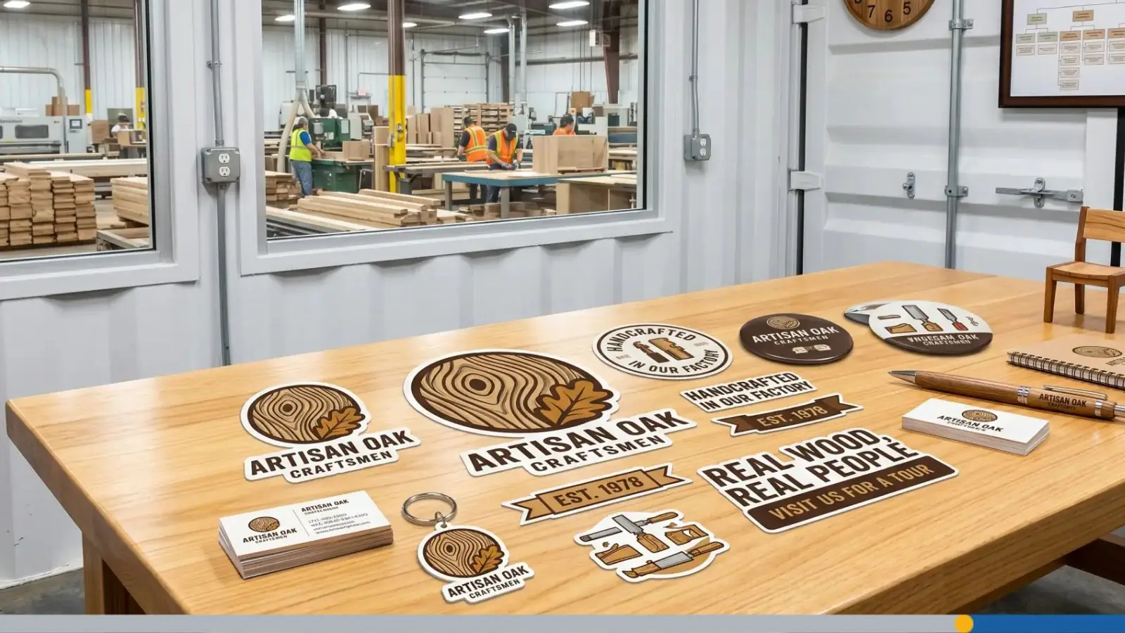 Stickers for a woodworking company, on a wooden desk inside a container office in a wood furniture-making factory.