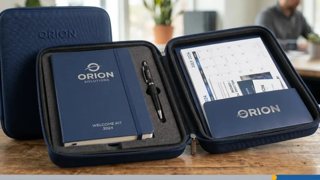 Welcome kit with notebook pen and calendar in a nice hard case.