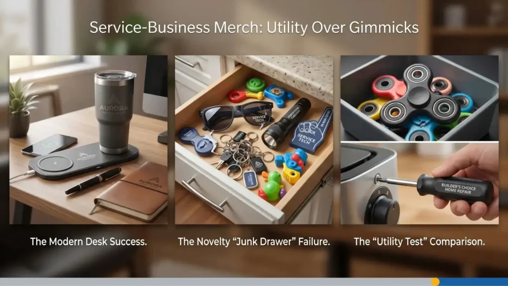 Service business merch utility over gimmicks, with three examples.