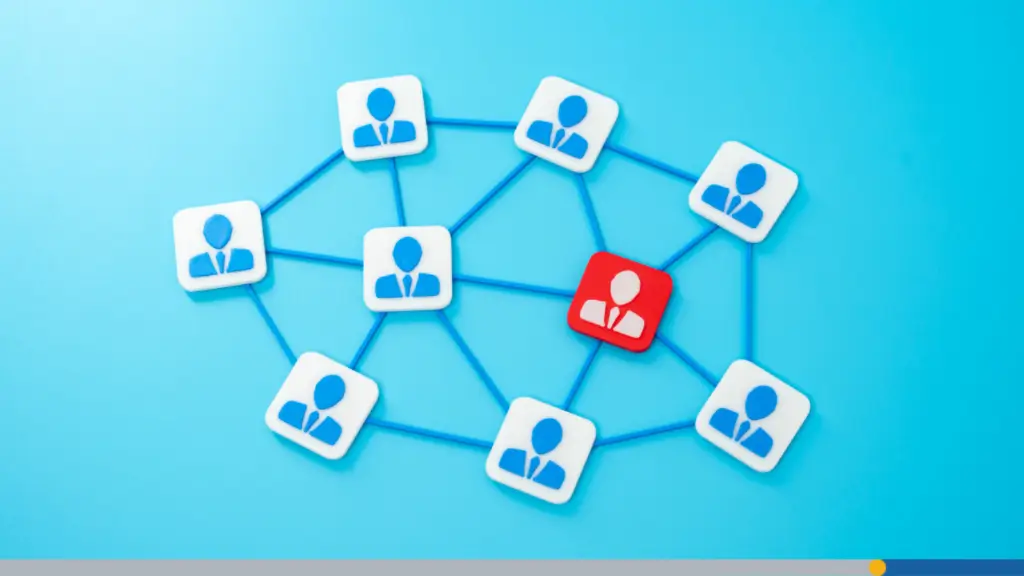 Cartoon-style people linked by social profile icons, representing a growing custom brand online.