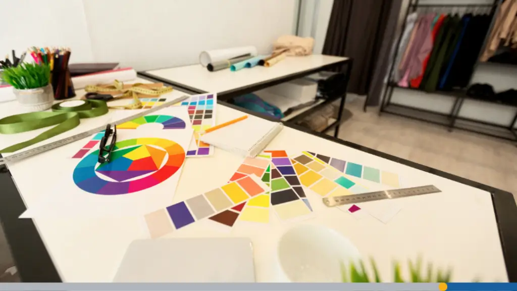 A large desk covered with design tools and color swatches, illustrating where to make business cards.
