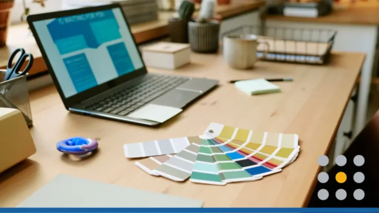 A modern office desk with a laptop and color swatches, illustrating how to order business cards online.