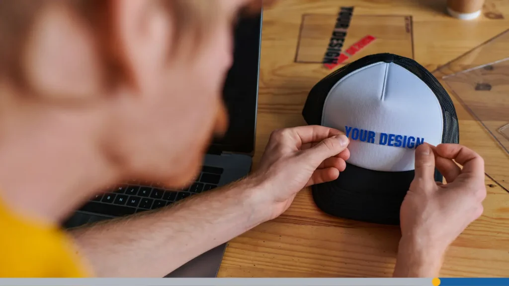 Person placing a design logo on a baseball hat